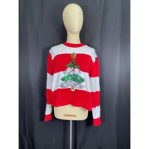 Cute Christmas Fuzzy Sweater, Poof New York, Red and White Sequence Tree - Picture 1 of 6